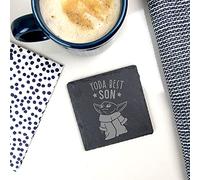 eBuyGB Personalised Square Slate Coaster, Engraved Baby Yoda Coaster, Star Wars Themed Drinks Mat, Funny Gifts for Son from Mum & Dad (Yoda Best Son)