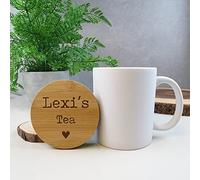 eBuyGB Personalised Tea Lover Mug with Engraved Wooden Lid, 370 ml Ceramic Matt Finish White Tea Cup, Hot Drinks, Birthday Gifts for Him, Her