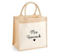 eBuyGB Personalised Teacher Jute Bag with Name & Heart, Eco Friendly Cotton Tote Bag, Bag for Life Shopping Bag with Pocket, Thank You Teacher Gift, TA Gift (Medium)