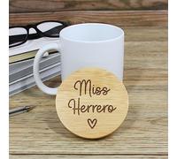 eBuyGB Personalised Teacher Mug, White Coffee Mug with Engraved Wooden Lid, Ceramic 370 ml Matt Finish Lidded Cup, Thank You Teacher Gift, Teacher Appreciation