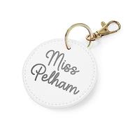 eBuyGB Personalised Teacher Name Keyring, PU Leather Round Keyring, Teacher Thank You Key Chain, Teacher Appreciation, End of Term Gift for Her (Soft White)