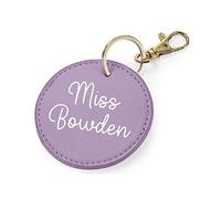 eBuyGB Personalised Teacher Name Keyring, PU Leather Round Keyring, Teacher Thank You Key Chain, Teacher Appreciation, End of Term Gift for Her (Lilac)