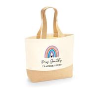 eBuyGB Personalised Teacher Stuff Bag, Teacher Gifts, Rainbow Canvas Jute Tote Bag, School Leaver Gift from Pupil (Medium)
