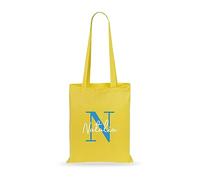 eBuyGB Personalised Tote Bag, Custom Alphabet Cotton Shopper with BIue Initial & Name, Birthday Gift Bag, Goodie Bag, Kids Party Bags, Bag For Life, Reusable Bag (Yellow)