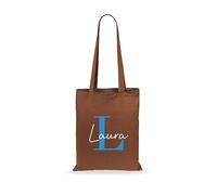 eBuyGB Personalised Tote Bag, Custom Alphabet Cotton Shopper with BIue Initial & Name, Birthday Gift Bag, Goodie Bag, Kids Party Bags, Bag For Life, Reusable Bag (Brown)
