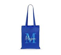 eBuyGB Personalised Tote Bag, Custom Alphabet Cotton Shopper with Blue Initial & Name, Birthday Gift Bag, Kids Party Bags, Reusable Bag