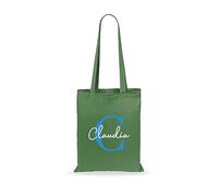 eBuyGB Personalised Tote Bag, Custom Alphabet Shopper with Blue Initial & Name, Birthday Gift Bag, Kids Party Bags, Reusable Bag (Khaki)