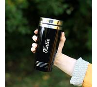 eBuyGB Personalised Travel Mug, Double Walled 450ml Reusable Drinks Flask, Insulated Travel Cup, Stainless Steel Coffee Cup (Black)