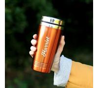 eBuyGB Personalised Travel Mug, Double Walled 450ml Reusable Drinks Flask, Insulated Travel Cup, Stainless Steel Coffee Cup (Orange)