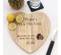 eBuyGB Personalised Wooden Gin & Tonic Heart Shaped Chopping Board Gift, Serving Board, Laser Engraved Chopping Block