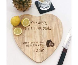 eBuyGB Personalised Wooden Gin & Tonic Heart Shaped Chopping Board Gift, Serving Board, Laser Engraved Chopping Block