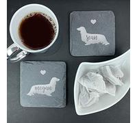 eBuyGB SET OF 2 Personalised Slate Dachshund Coasters Square Custom Engraved Valentines Day Gift Drinks Coaster for Her, for Him, Birthday, Anniversary, Housewarming Present, Long Haired Dachshunds
