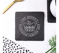 eBuyGB Square Slate Coaster Engraved with The Royal Emblem, The Queen's Platinum Jubilee, Celebrating 70 Years of Service, Royal Family Drinks Mat