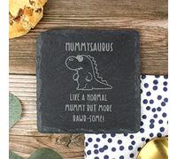eBuyGB Square Slate Coaster, Mummysaurus, Dinosaur Coaster, Mum Birthday Gift, Present for Mummy, Engraved Drinks Coaster, Grey