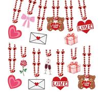 Ecally 24 Pcs Valentine's Day Beads Necklaces Pink Beaded Necklaces Accessories Pink Heart Rose Bow Accessories for Valentine's Day Party
