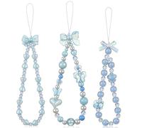 Ecally 3 Pcs Phone Charms Strap Camera Charm Strap Pearl Beaded Butterfly Bow Flower Phone Wrist Lanyard Bracelet for Camera Keychain Wallet Pendant Decor (Simple,Blue)