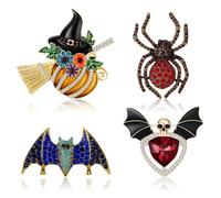Ecally 4 Pcs Halloween Brooch Pins Set for Women Men Girls Pumpkin Witch Hat Bat Spider Skull Rhinestone Crystal Brooch Pins Gothic Accessories Halloween Jewelry Gift