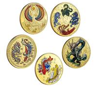 Ecally 5 Pieces Chinese Lucky Coin Ancient Mythical Creatures Charming Ancient Dragon and Phoenix Chinese Coins Animal Commemorative Novelty Metal Specie for Office Fortune Collection Gifts(Classic)