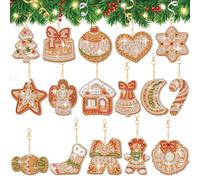 Ecation 16 Pcs Gingerbread Cookie Double Sided Diamond Painting Tree Ornaments Hanging DIY Christmas Ball Keychain Merry Christmas Candy Cane Star Tags 5D Hanging Decor for Xmas Home Office Porch Yard