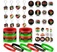 Ecation 38 Pcs Black History Month Party Favors Including 12 Pcs Elastic Rubber Bracelets 12 Pcs Keychain 12 Pcs Buttons Badges Pins 2 Pcs Labels Stickers for Party African Black Freedom Day Supplies
