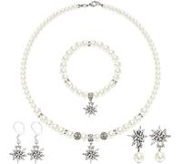 Ecation 4 Pcs Oktoberfest Jewelry Set Edelweiss Necklace Bracelet and Earrings Traditional Bavarian Jewelry Set Pearl German Rhinestone Pendant for Women, 16.14 inch + 2.76 inch, artificial pearls and