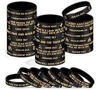 Ecation 48 Pcs Bible Verses Bracelets Bulk Scripture Silicone Wristbands Inspirational Motivational Quote Rubber Wristbands Christian Bracelets for Women Men Easter Party Favors (Black Gold)