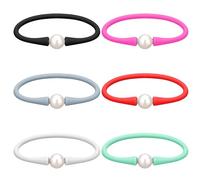 Ecation 6 Pcs 9-11 mm Silicone Rubber Real Natural Freshwater Pearls Bracelets for Women Womens Charm Bangle Personalized Jewelry Silicone Bracelet Colored Dainty Stretch Mood Rubber Bands, 7.5 Inch