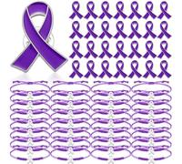 Ecation 60 Pcs Purple Pancreatic Cancer Awareness Accessories Include 30 Pcs Bracelets 30 Pcs Ribbon Pins for Epilepsy Overdose Animal Abuse Domestic Violence Gifts for Women Cancer Survivor Jewelry