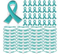 Ecation 60 Pcs Teal Ribbons Awareness Lapel Pins Bulk Ovarian Cervical Cancer Sexual Assault Awareness Include 30 Teal Braided Bracelets 30 Ribbon Pins Gifts for Women Jewelry