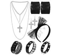 Ecation 7 Pcs 80s Women Costume Accessories Halloween Leather Punk Bracelet Black Cross Necklace Lace Headband Fishnet Glove, One Size, nylon, PU leather, fabric, plastic, silicone, alloy, No Gemstone