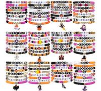 Ecation 96 Pcs Halloween Bracelets Bulk Set Happy Halloween Friendship Bracelets Bulk Bats Ghosts Witches Colorful Beaded Adjustable Flat Jewelry for Women Man Party Favors Gift(Vivid)