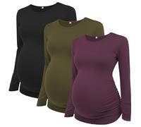 Ecavus 3Pack Women's Maternity Tunic Tops Long Sleeve Flattering Side Ruched Pregnancy Shirt, Olivegreen/Purplish Red/Black, L