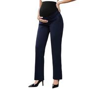 Ecavus Maternity Pants Over The Belly Seamless Stretch Work Pants Dual Length Pregnancy Office Dress Pants with Pockets, Navy, XL