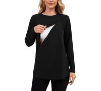 Ecavus Women's Nursing Shirts for Breastfeeding with Hidden Zipper Long Sleeve Front Seams Comfortable Nursing Tops, Black, L
