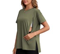 Ecavus Women's Oversized Nursing Shirts for Breastfeeding with Hidden Zipper Short Sleeves Side Splits Maternity Tops, Army Green, S