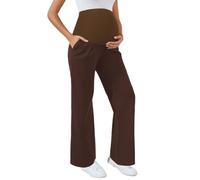 Ecavus Women's Wide Leg Maternity Pants with Pockets - Stretchy Over The Belly Pregnancy Casual and Work Trousers, Brown, M