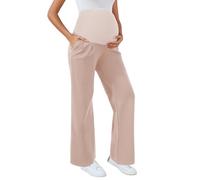 Ecavus Women's Wide Leg Maternity Pants with Pockets - Stretchy Over The Belly Pregnancy Casual and Work Trousers, Khaki, M