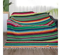 Eccbox 84 x 59 Inch Mexican Tablecloth for Wedding Party Decorations, Large Square Fringe Cotton Serape Blanket Bright Colors Table Cover Table Cloth Picnic Mat (Green)