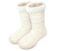eccbox Womens Slipper Socks with Grips Winter Warm Fuzzy Fluffy Thick Thermal Fleece Cabin Indoor House Home Socks, White, 6-10