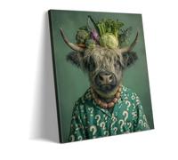 Eccentric Highland Cow Print on Canvas | Funny Animal Wearing Clothes & Sausage Necklace | Quirky Kitchen Wall Art for Food Lovers | Maximalist Scottish Poster (40x60 cm(unframed),Art-2)