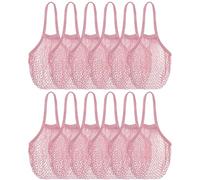Eccliy 12 Pieces Farmers Mesh Grocery Bag Beach Bags Bulk Reusable Cotton Net Aesthetic Portable Tote with Handles for Fruit Vegetable (Dark Pink)