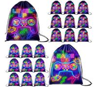 Eccliy 20 Pcs Video Game Party Favor Bags Gamer Birthday Party Drawstring Bags for Kids Boys Girls 12 x 10 Inch Gaming Goodie Treat for Game on Theme Decorations Supplies(Neon,Classic Style)