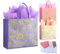 Eccliy 3 Pcs Large Floral Gift Bags with Greeting Card, Envelope and Tissue Paper, Reusable Non Woven Gift Wrap Bags with Handle for Mothers Day, Weddings, Anniversary, Birthday, 12.2 x 11 x 4.7 in