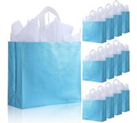 Eccliy 50 Set Reusable Gift Bags with Tissues Papers, Glossy Non Woven Tote Bags with Handles for Wedding, Spring Event, Graduation (Large,Blue)