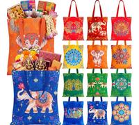 Eccliy Indian Return Gift for Pooja Indian Tote Bag Canvas | 11.8" x 13.8", Elephant Ganesha Peacock Lotus Pattern, Reusable Gift Bags for Diwali Ganesh Chaturthi Wedding & Housewarming