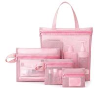 Eccliy Pink 4 Pack Mesh Shower Caddy Set Large Portable Mesh Shower Bag with 3 Organizer Pouches Caddy with Zipper for Women Bag Summer Essentials for Bathroom Dorm Room Travel Camp Beach Essential