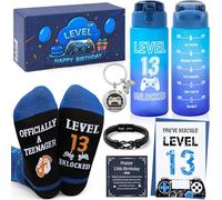 EccoDen 13th Birthday Gifts for Boys Age 13 - Funny Gamer Gift Set with Sports Water Bottle, Gamepad Keyring, Level 13 Socks & Bracelet - Cool Birthday Presents for Gamer Kids