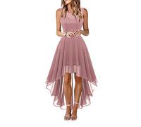ECDAHICC Women's Elegant Floral Lace Dress, Crew Neck, Sleeveless, Ruffles, High Low Hem, Midi Dress, Mesh Lace Up Bow Knot Evening Dress, Party, pink, 3XL