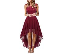 ECDAHICC Women's Elegant Floral Lace Dress, Crew Neck, Sleeveless, Ruffles, High Low Hem, Midi Dress, Mesh Lace Up Bow Knot Evening Dress, Party, wine red, XS