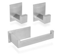ECENCE 1x Toilet Roll holder + 2x Hooks self-adhesive, without drilling, brushed Bathroom Accessories - Stainless steel 304, Towel holder + Toilet paper holder